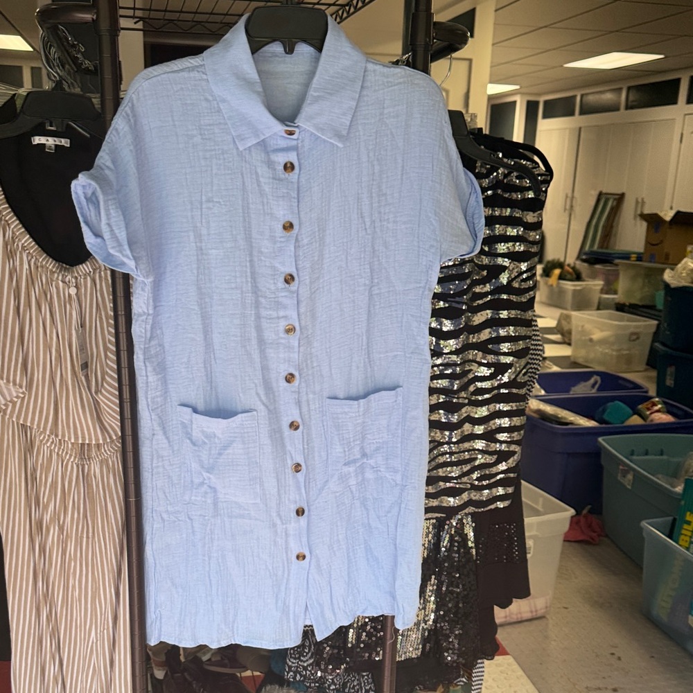 Light Blue Button-Up Shirt Dress
